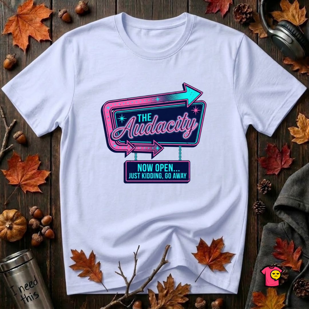 The Audacity...Now Open sarcastic graphic t-shirt in Ash by Snarky Sarks