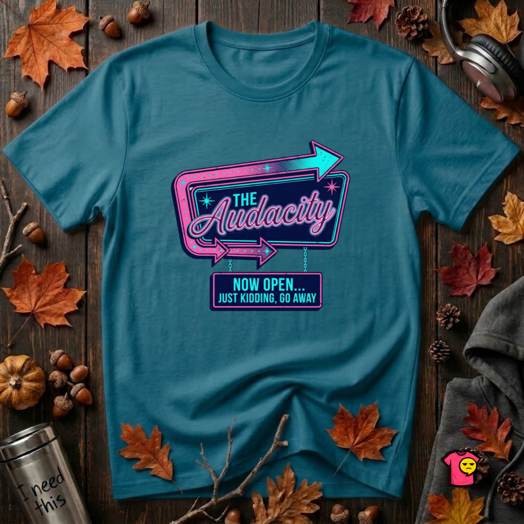The Audacity...Now Open sarcastic graphic t-shirt in Deep Teal by Snarky Sarks