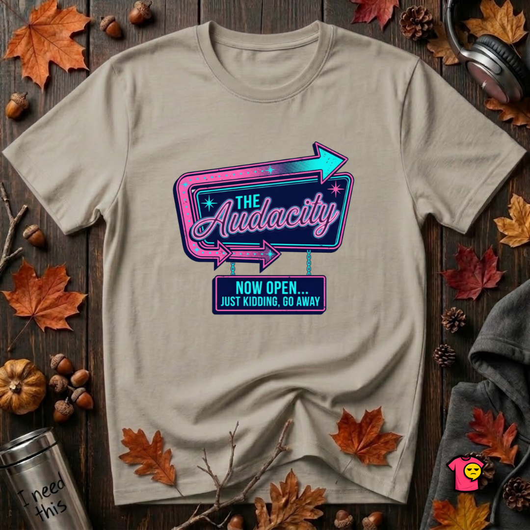 The Audacity...Now Open sarcastic graphic t-shirt in Heather Stone by Snarky Sarks