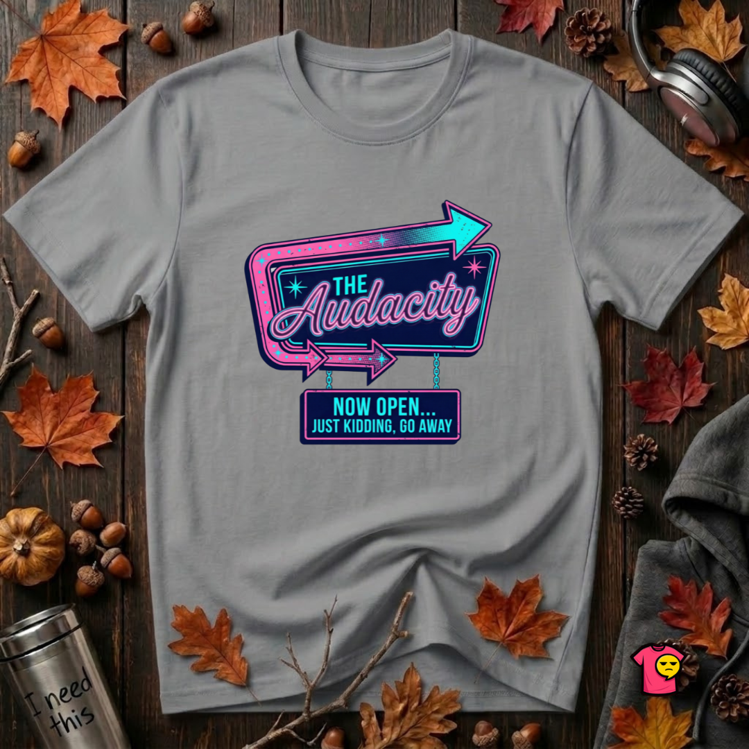 The Audacity...Now Open sarcastic graphic t-shirt in Heather Storm by Snarky Sarks