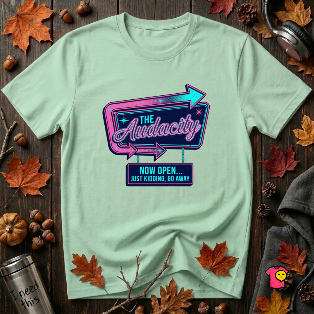 The Audacity...Now Open sarcastic graphic t-shirt in Mint by Snarky Sarks