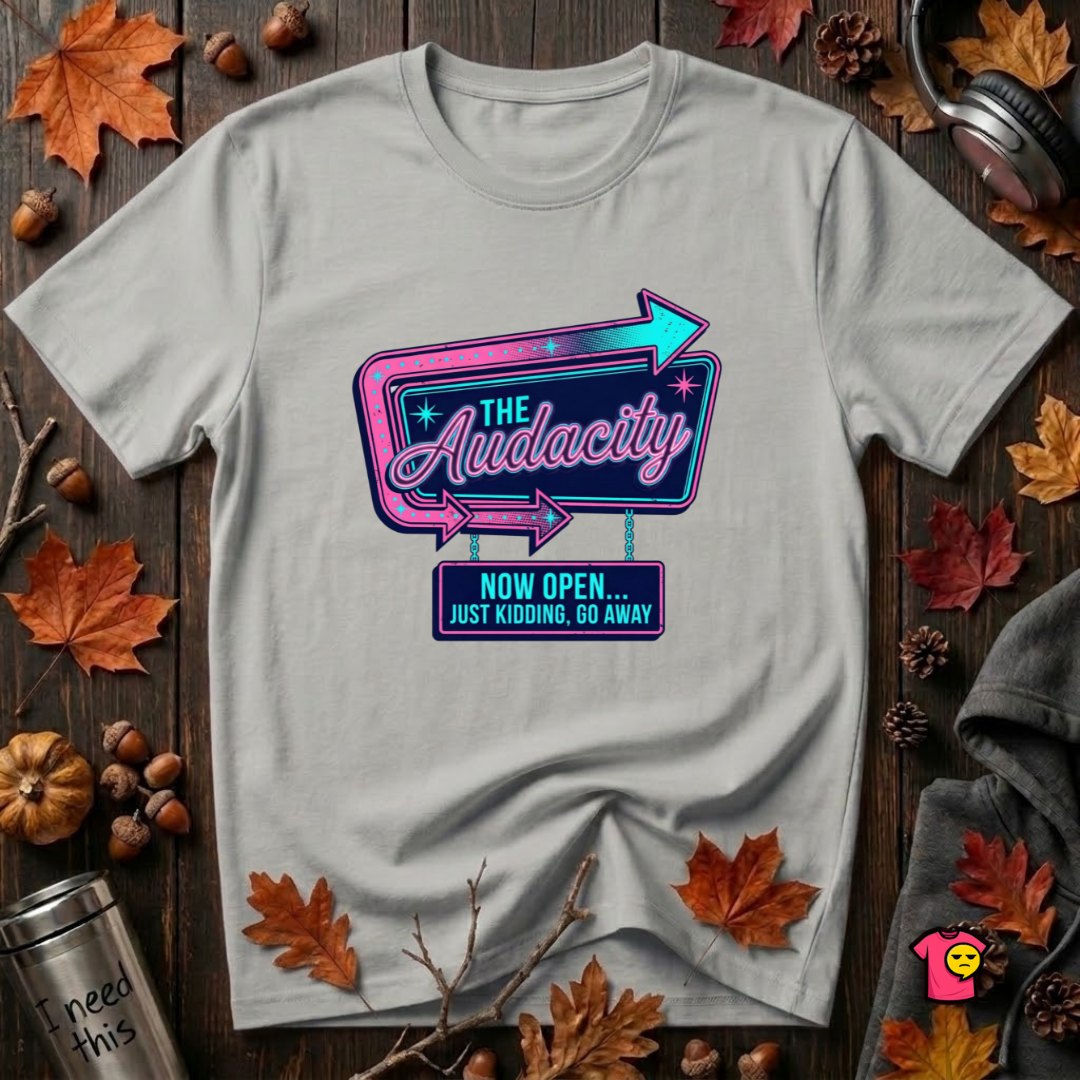 The Audacity...Now Open sarcastic graphic t-shirt in Silver by Snarky Sarks