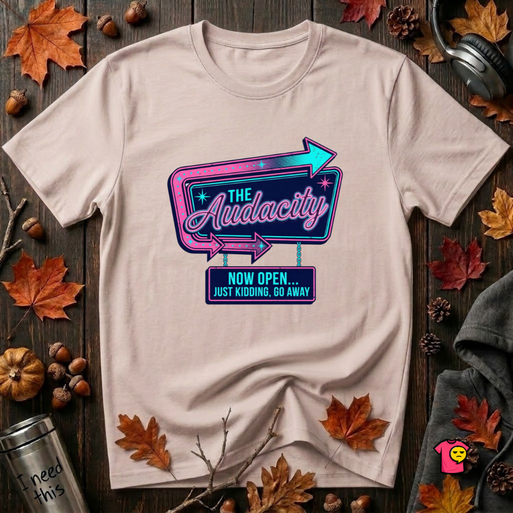 The Audacity...Now Open sarcastic graphic t-shirt in Soft Pink by Snarky Sarks