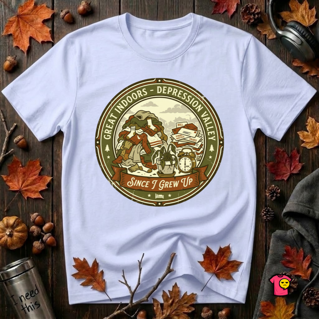 The Great Indoors -- Depression Valley sarcastic t-shirt in Ash by Snarky Sarks