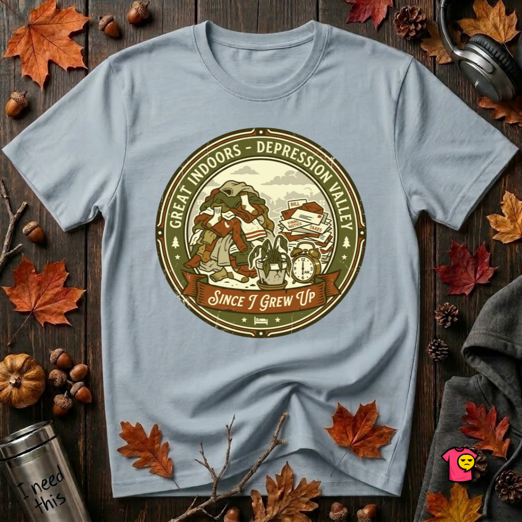 The Great Indoors -- Depression Valley sarcastic t-shirt in Blue by Snarky Sarks