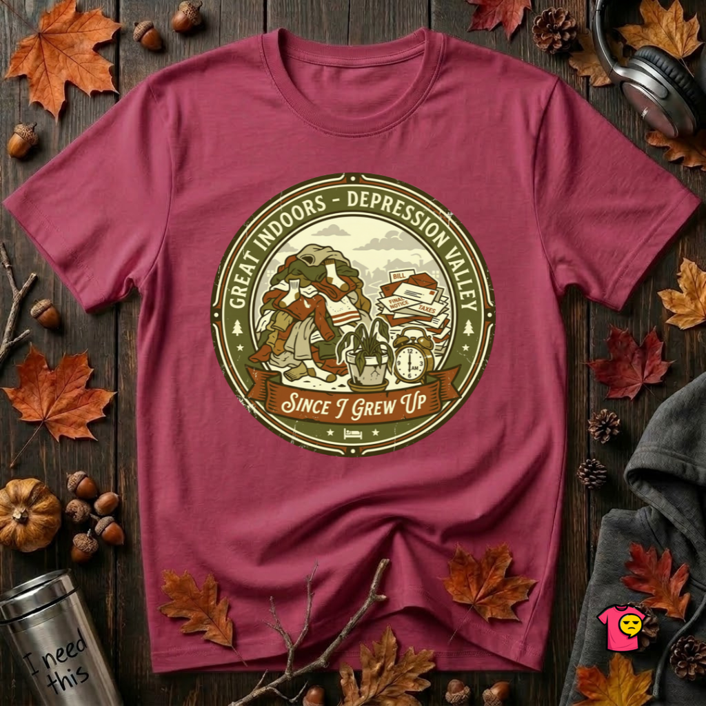 The Great Indoors -- Depression Valley sarcastic t-shirt in Cardinal by Snarky Sarks