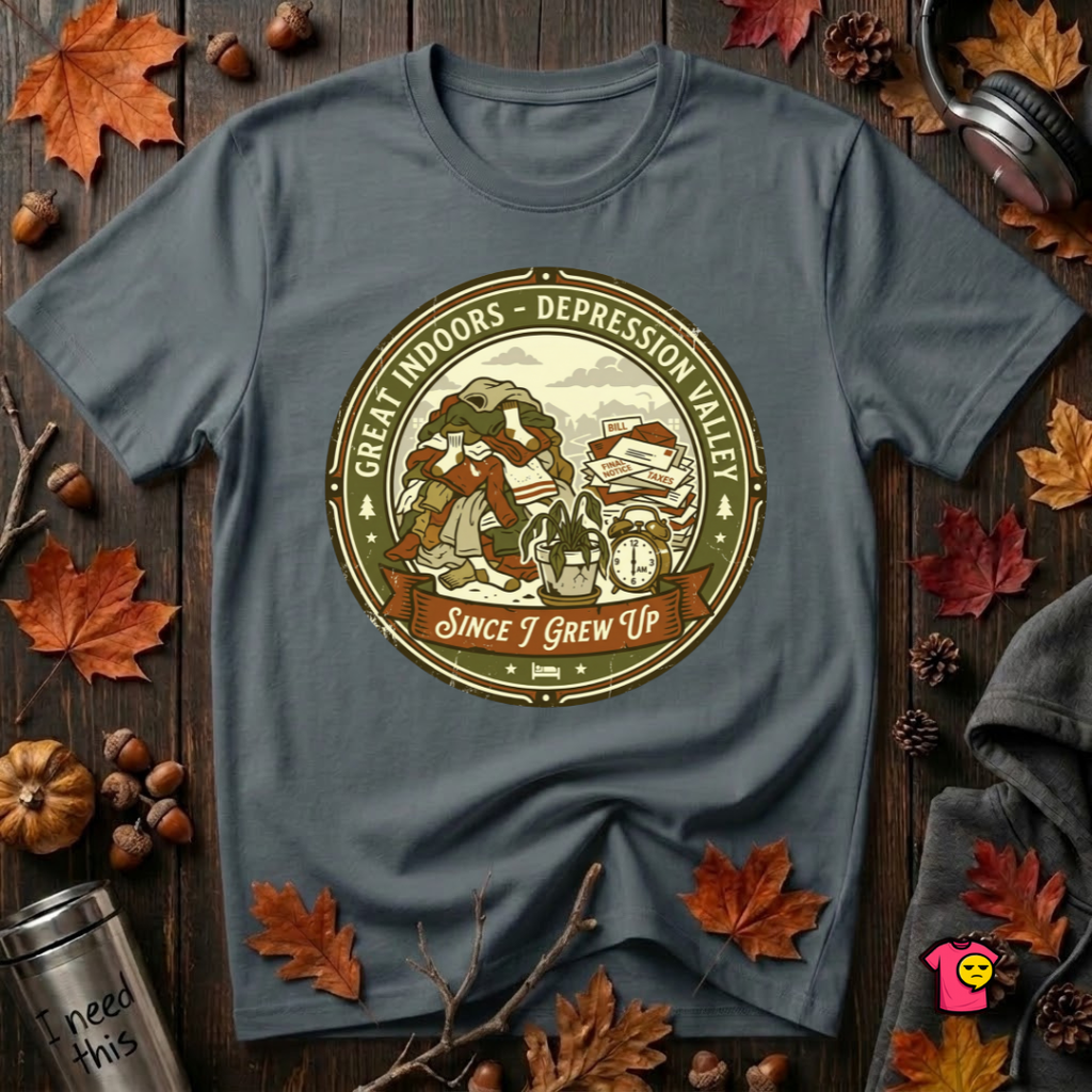 The Great Indoors -- Depression Valley sarcastic t-shirt in Dark Gray by Snarky Sarks