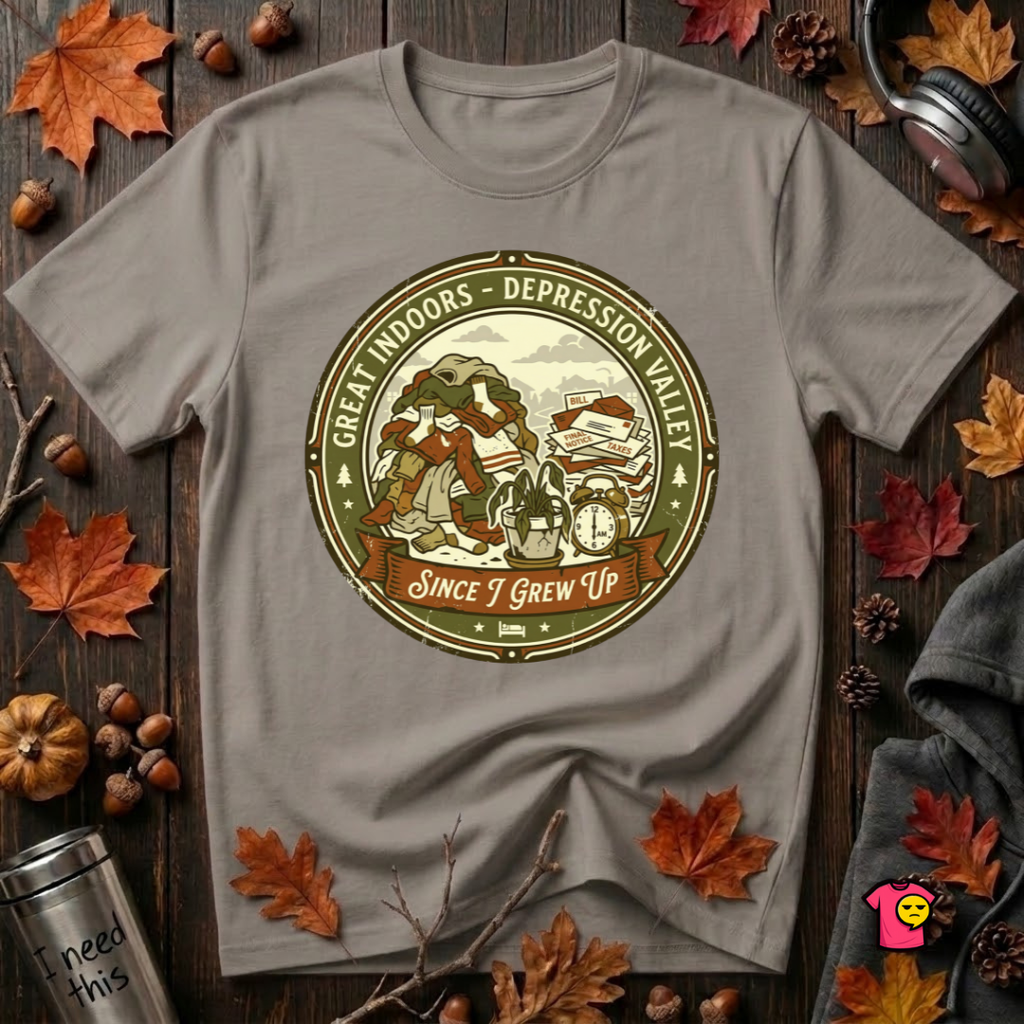 The Great Indoors -- Depression Valley sarcastic t-shirt in Deep Heather by Snarky Sarks