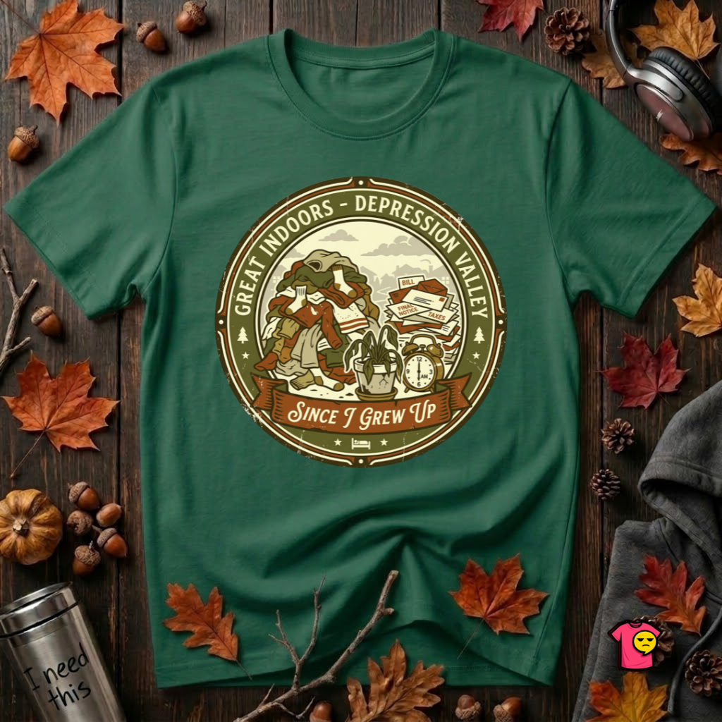 The Great Indoors -- Depression Valley sarcastic t-shirt in Evergreen by Snarky Sarks