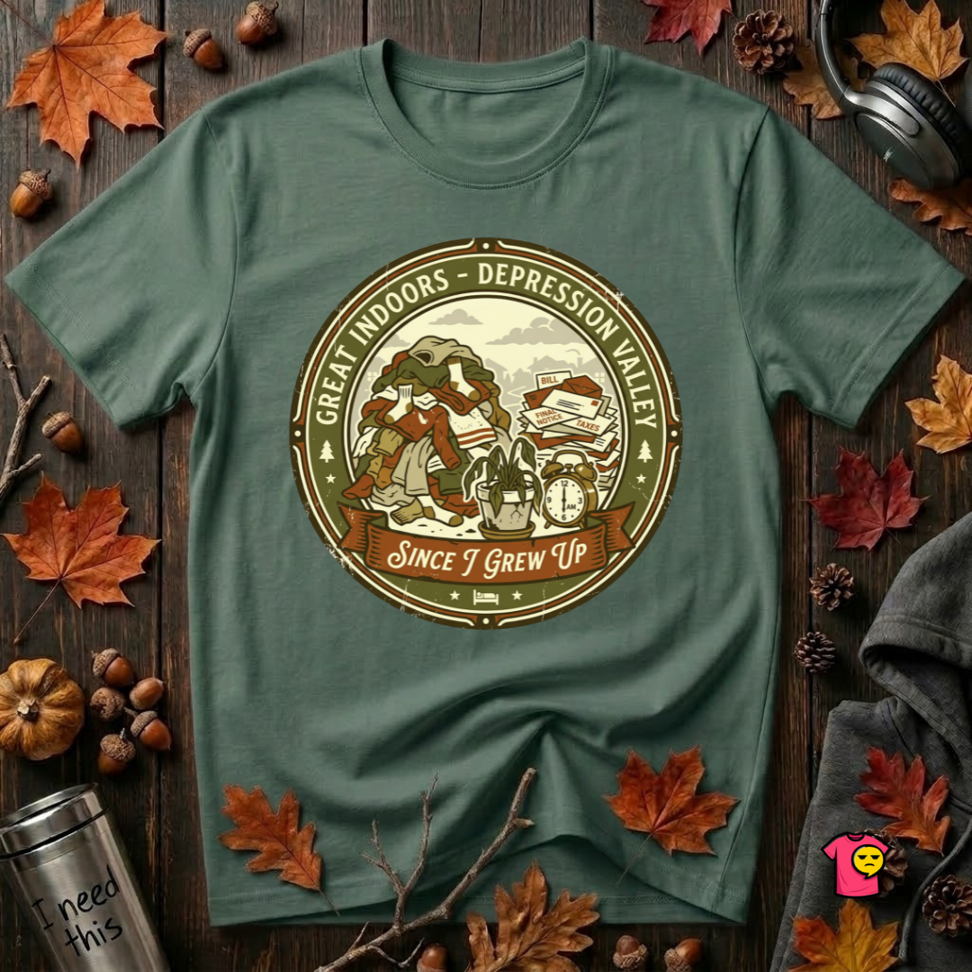 The Great Indoors -- Depression Valley sarcastic t-shirt in Heather Forest by Snarky Sarks