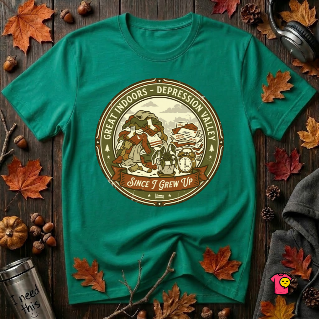 The Great Indoors -- Depression Valley sarcastic t-shirt in Heather Kelly by Snarky Sarks