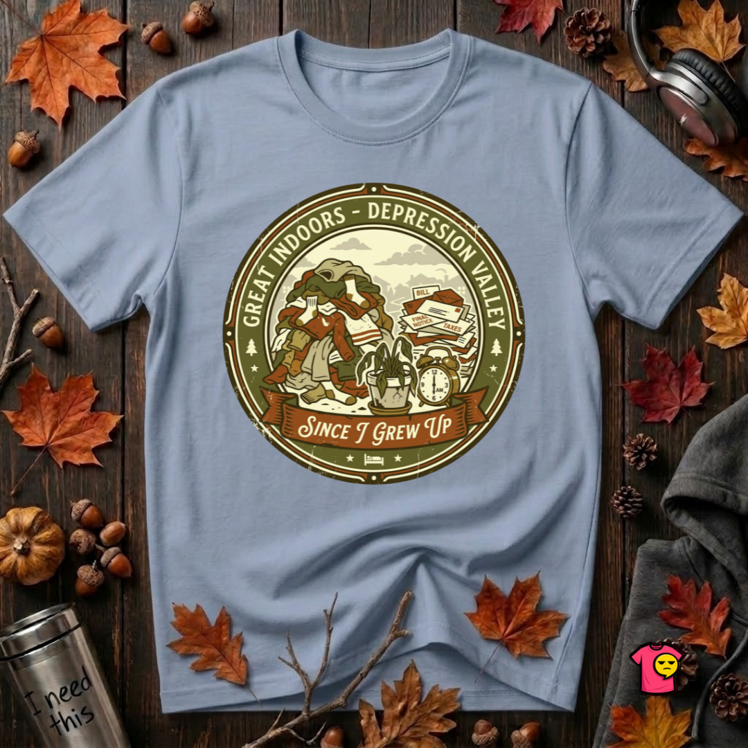 The Great Indoors -- Depression Valley sarcastic t-shirt in Heather Prism Blue by Snarky Sarks