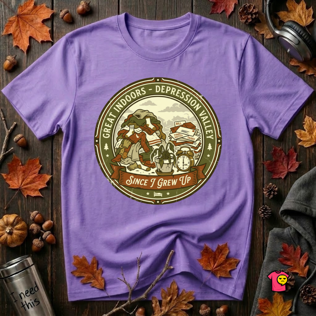 The Great Indoors -- Depression Valley sarcastic t-shirt in Heather Team Purple by Snarky Sarks