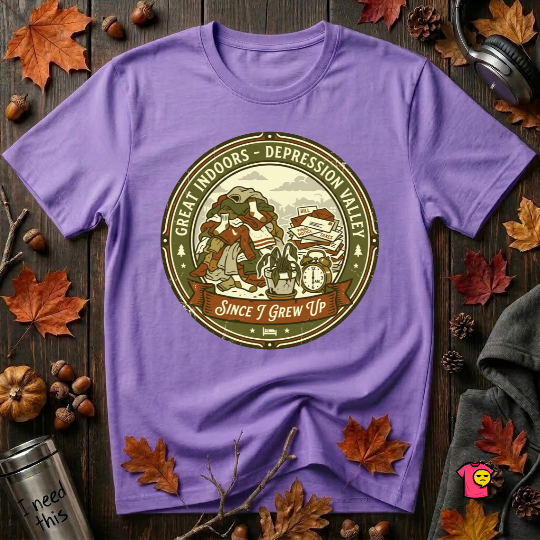 The Great Indoors -- Depression Valley sarcastic t-shirt in Heather Team Purple by Snarky Sarks