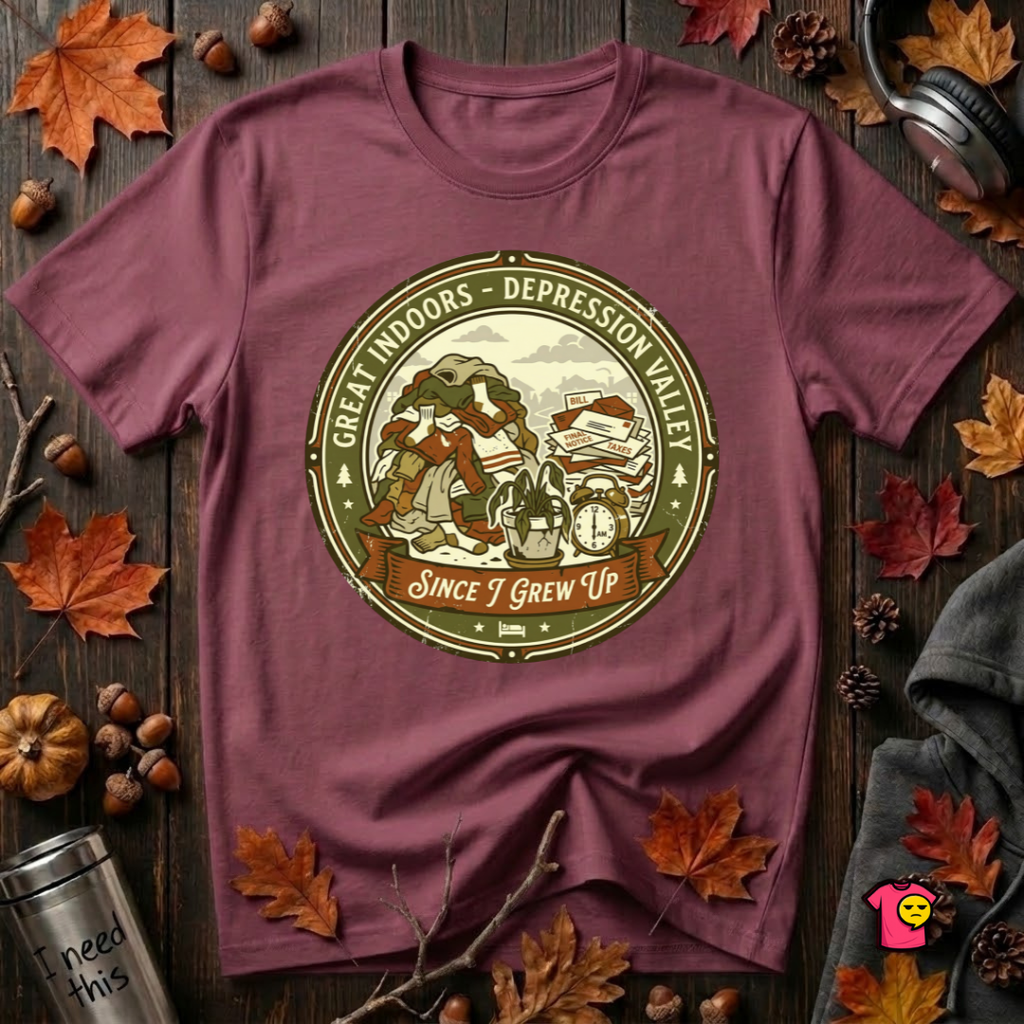 The Great Indoors -- Depression Valley sarcastic t-shirt in Maroon by Snarky Sarks