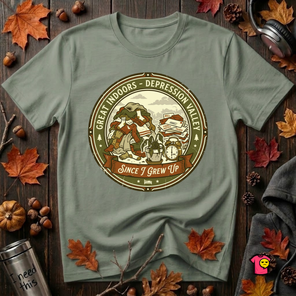 The Great Indoors -- Depression Valley sarcastic t-shirt in Military Green by Snarky Sarks