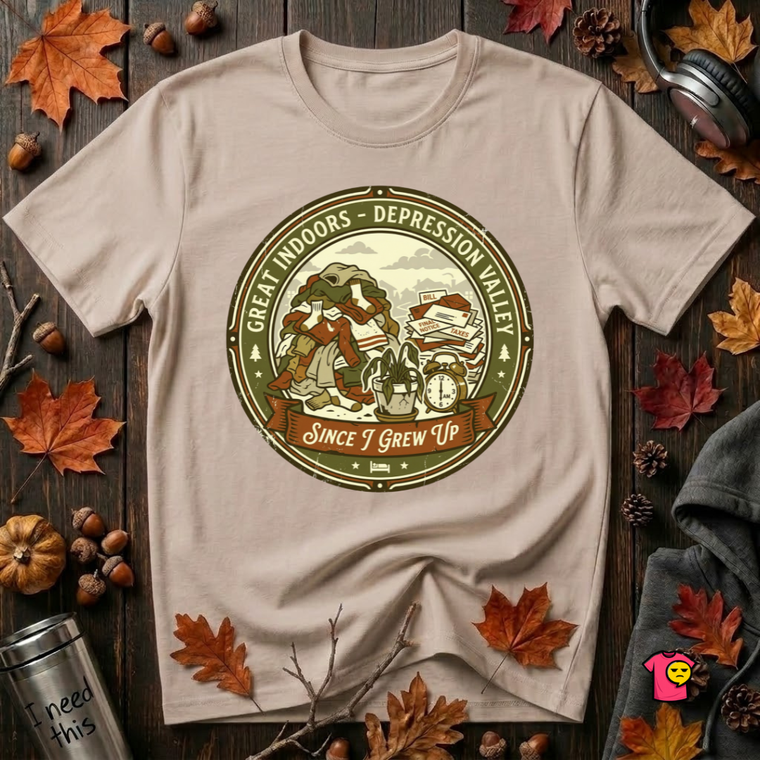 The Great Indoors -- Depression Valley sarcastic t-shirt in Natural by Snarky Sarks