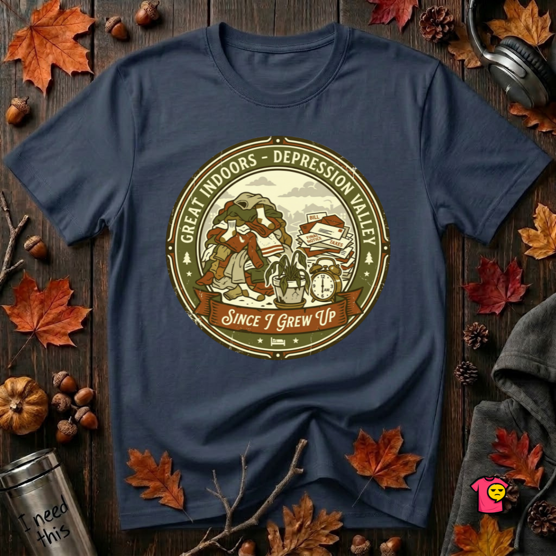 The Great Indoors -- Depression Valley sarcastic graphic t-shirt in Navy by Snarky Sarks