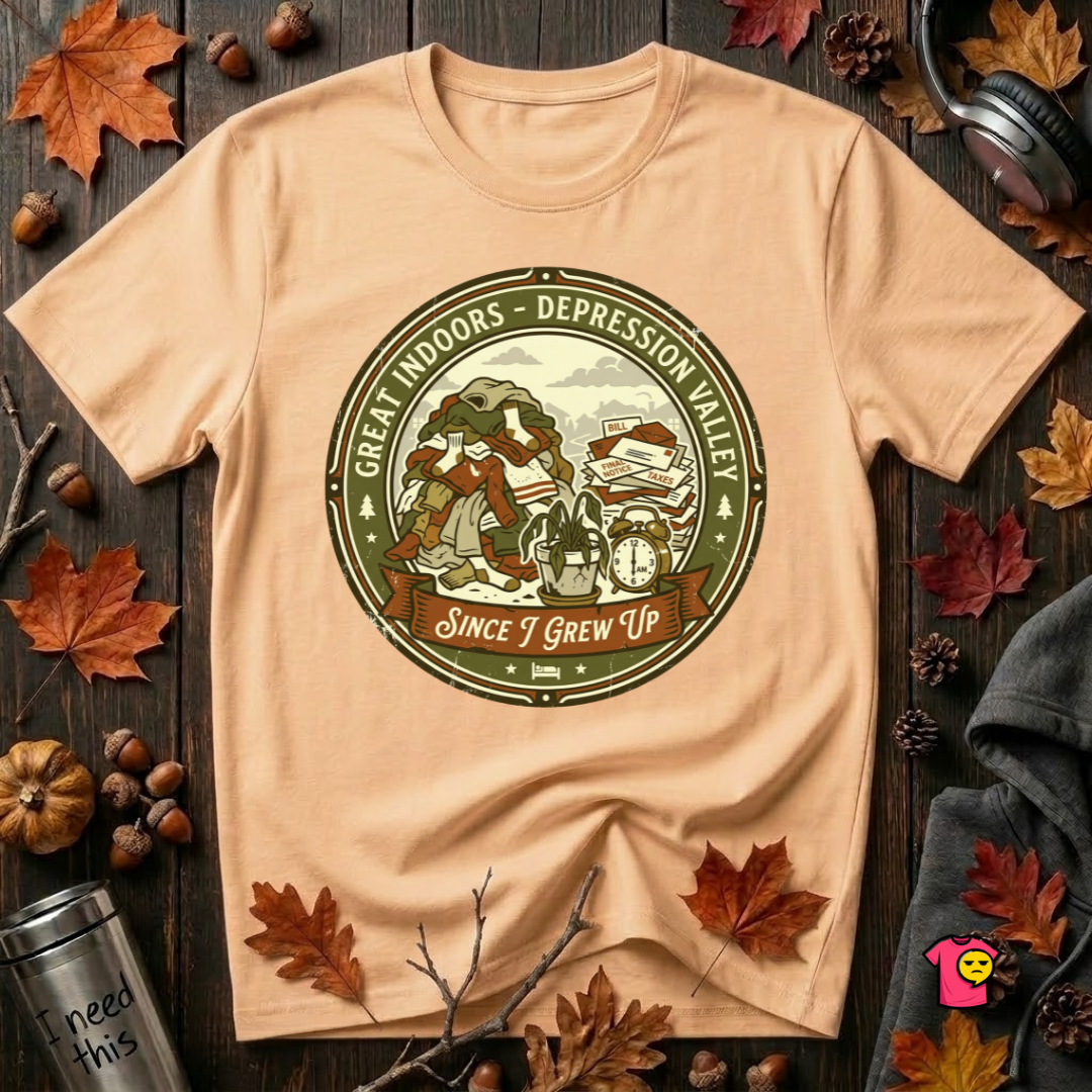 The Great Indoors -- Depression Valley sarcastic t-shirt in Peach by Snarky Sarks