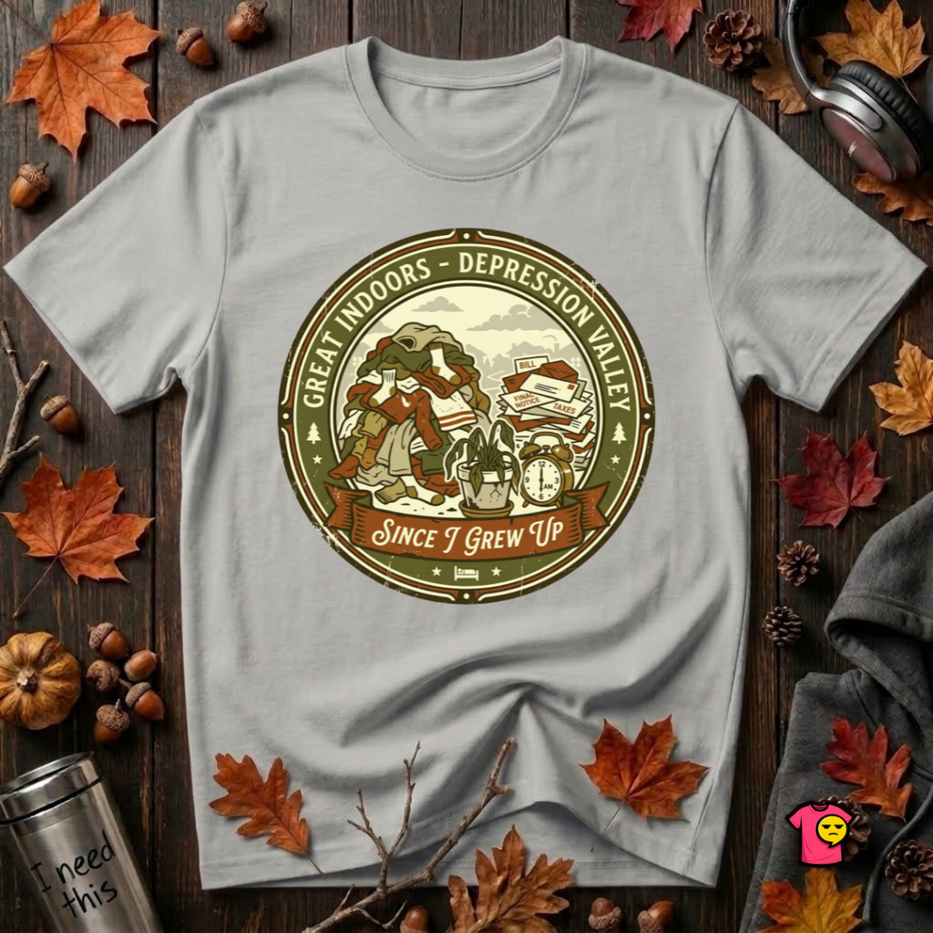 The Great Indoors -- Depression Valley sarcastic t-shirt in Silver by Snarky Sarks