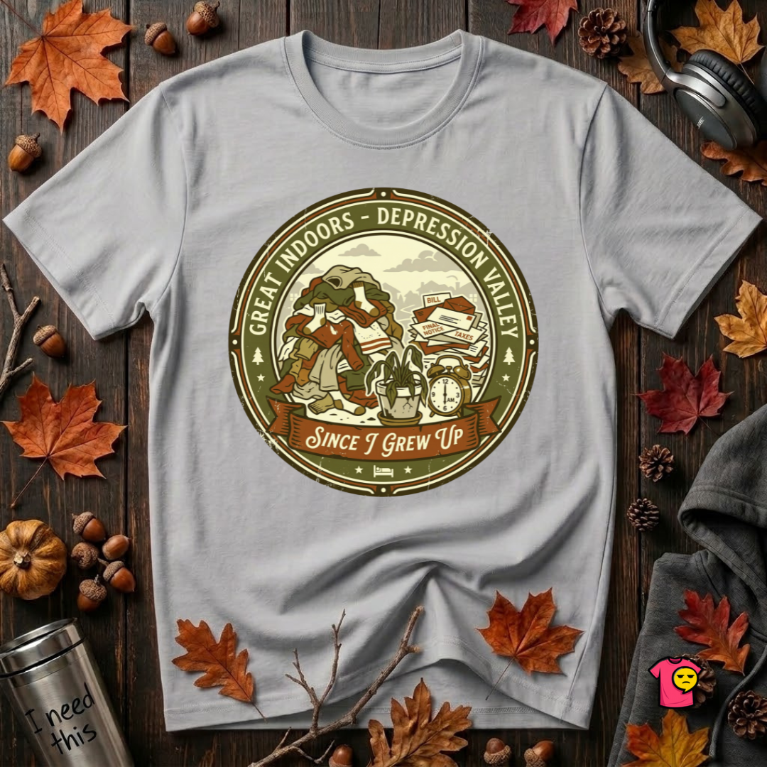 The Great Indoors -- Depression Valley sarcastic t-shirt in Solid Athletic Gray by Snarky Sarks