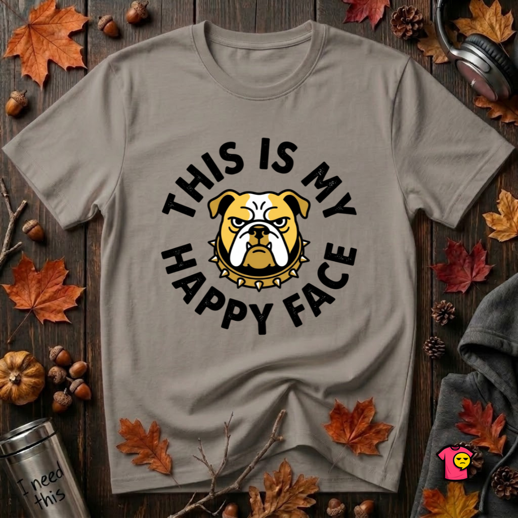 This is my Happy Face sarcastic graphic t-shirt in Deep Heather by Snarky Sarks