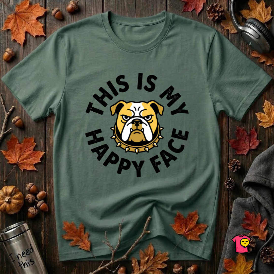 This is my Happy Face sarcastic graphic t-shirt in Heather Forest by Snarky Sarks