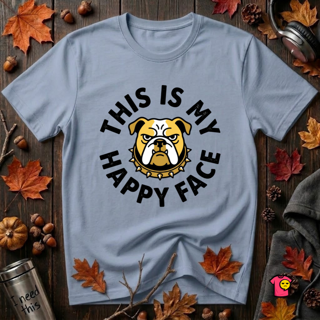 This is my Happy Face sarcastic graphic t-shirt in Heather Prism Blue by Snarky Sarks