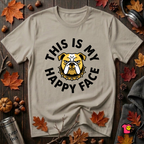 This is my Happy Face sarcastic graphic t-shirt in Heather Stone by Snarky Sarks