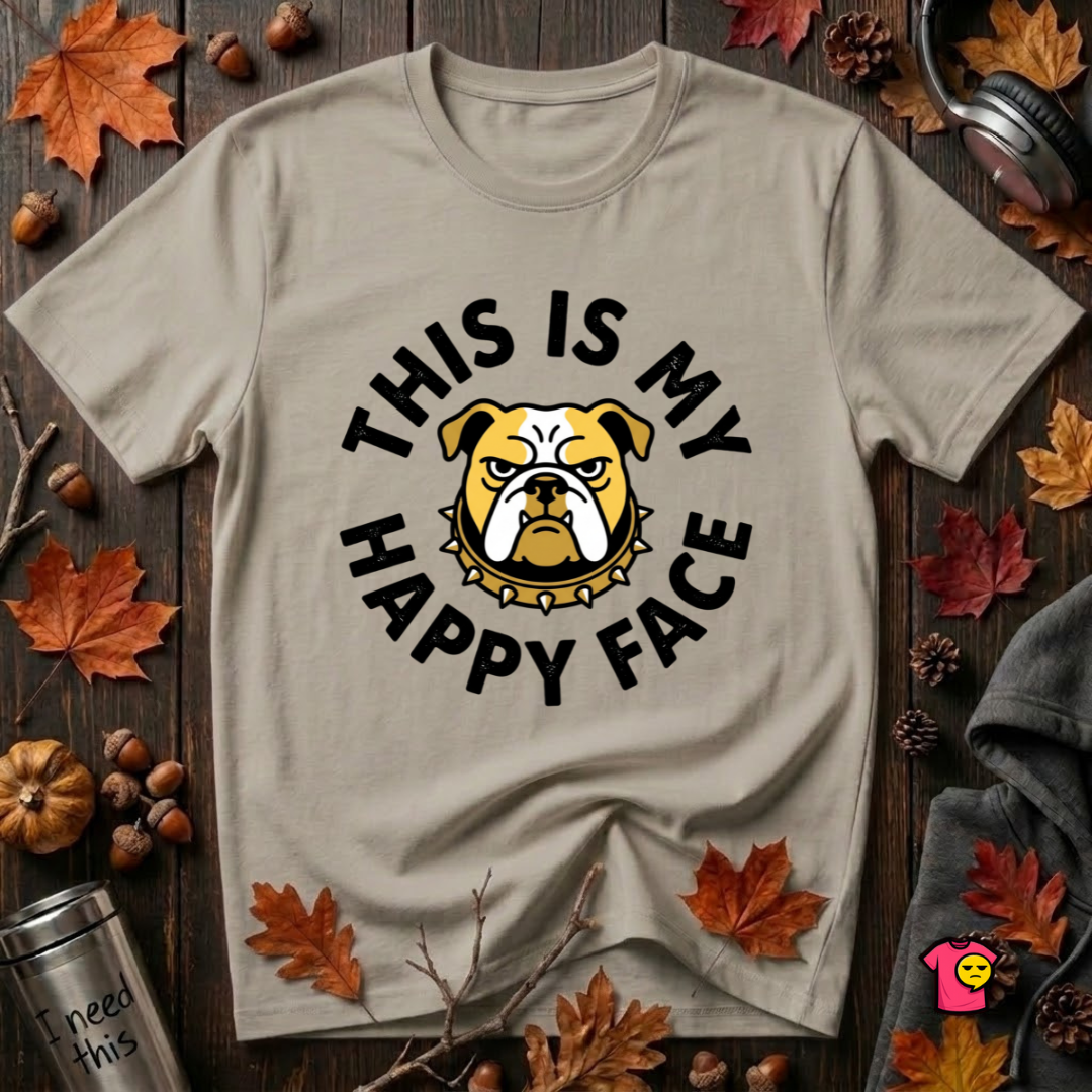 This is my Happy Face sarcastic graphic t-shirt in Heather Stone by Snarky Sarks