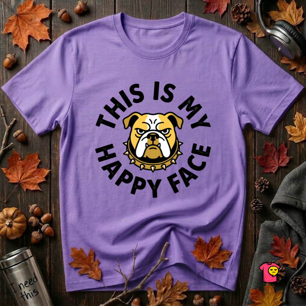 This is my Happy Face sarcastic graphic t-shirt in Heather Team Purple by Snarky Sarks