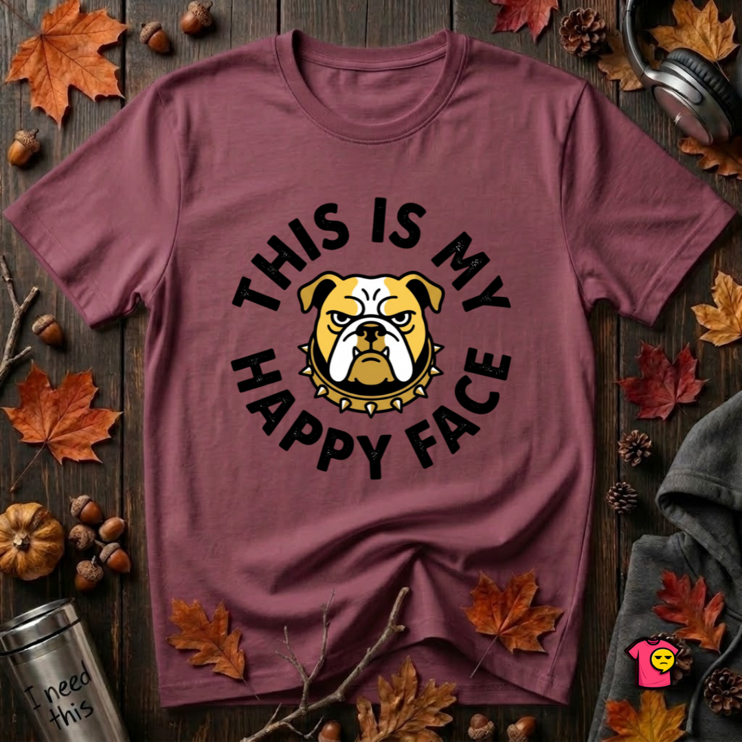 This is my Happy Face sarcastic graphic t-shirt in Maroon by Snarky Sarks