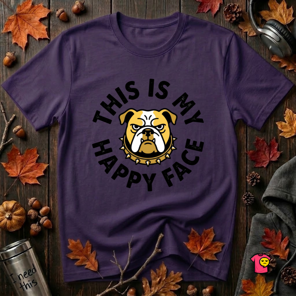 This is my Happy Face sarcastic graphic t-shirt in Purple by Snarky Sarks