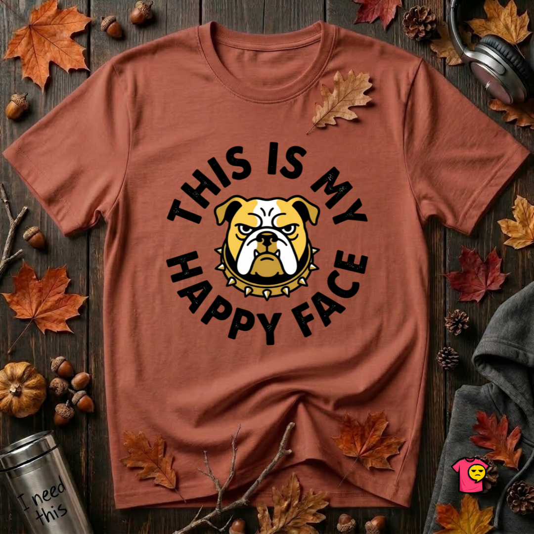 This is my Happy Face sarcastic graphic t-shirt in Rust by Snarky Sarks