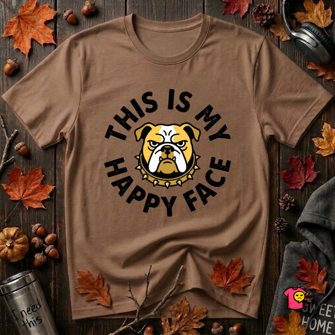This is my Happy Face sarcastic graphic t-shirt in Sand Dune by Snarky Sarks