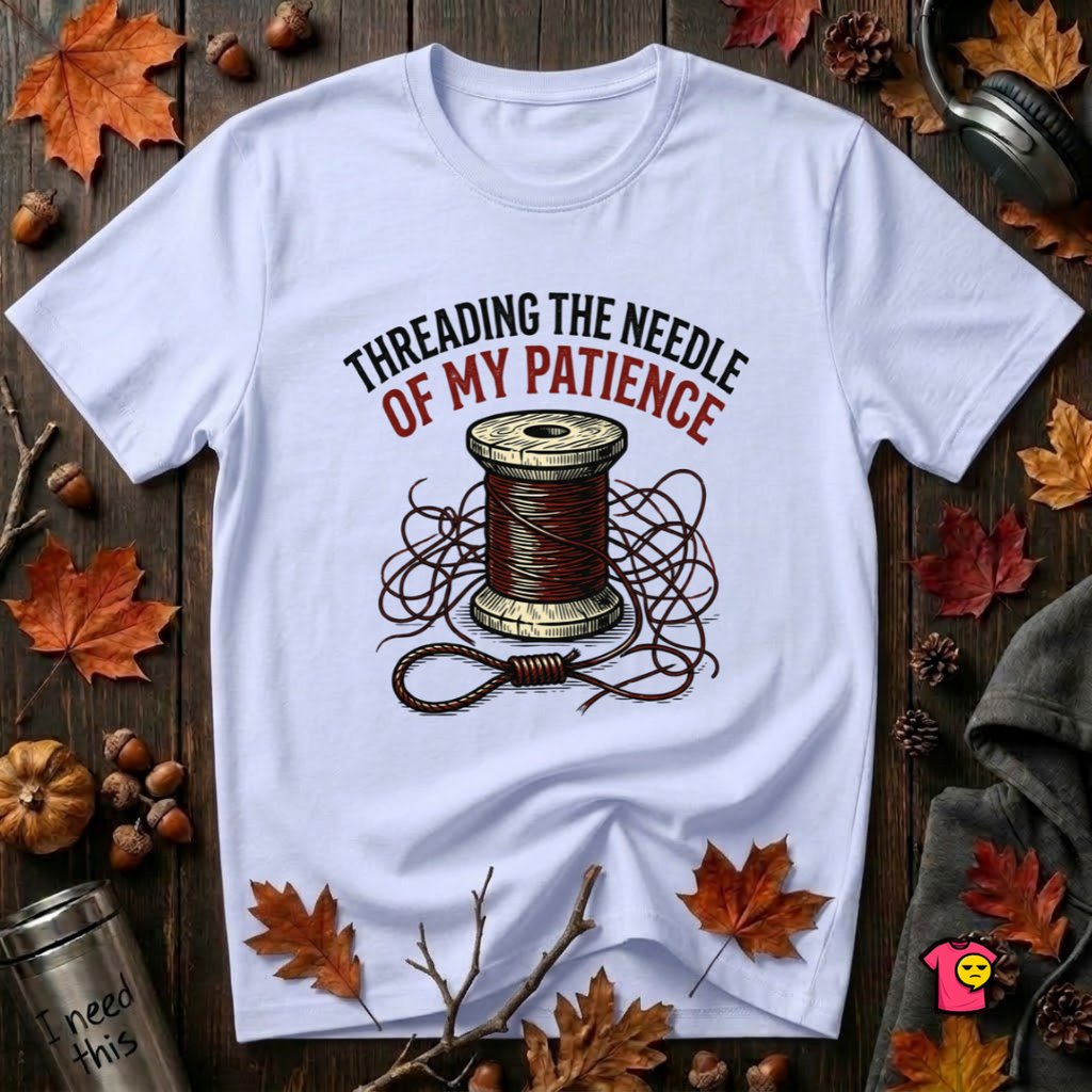 Threading the Needle of my Patience sewing t-shirt in Ash by Snarky Sarks