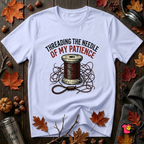 Threading the Needle of my Patience sewing t-shirt in Ash by Snarky Sarks