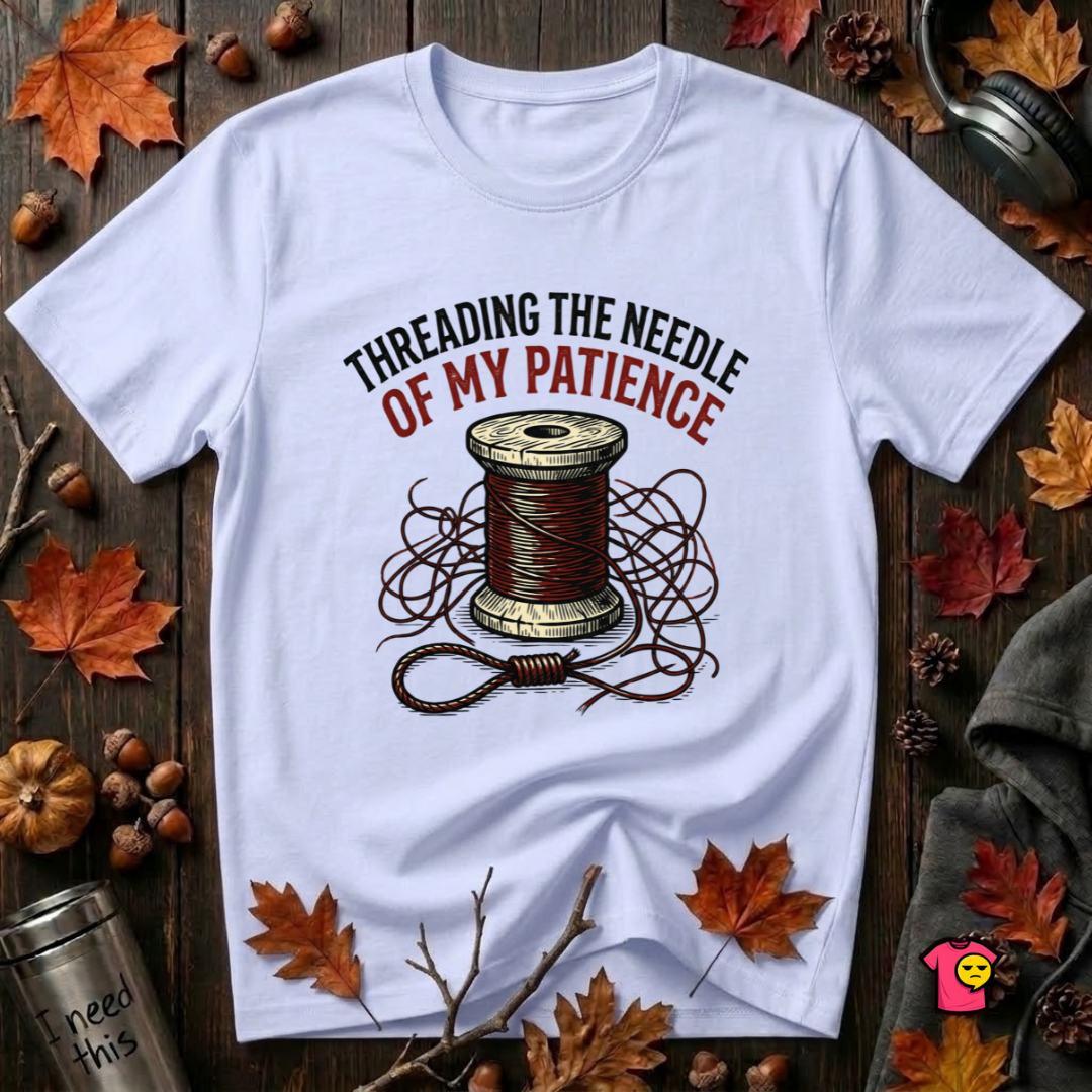 Threading the Needle of my Patience sewing t-shirt in Ash by Snarky Sarks