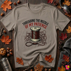 Threading the Needle of my Patience sewing t-shirt in Asphalt by Snarky Sarks