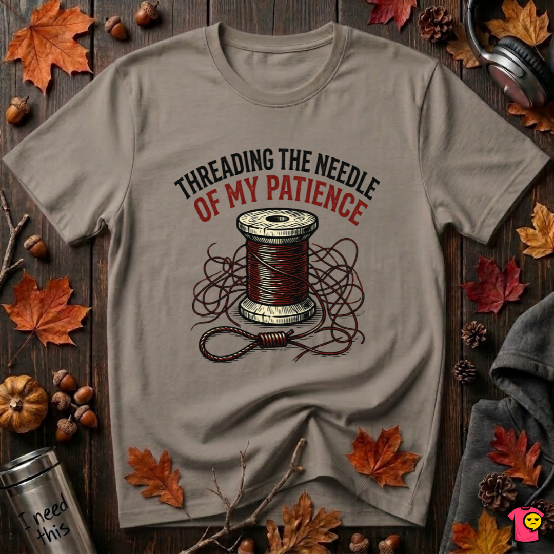 Threading the Needle of my Patience sewing t-shirt in Asphalt by Snarky Sarks