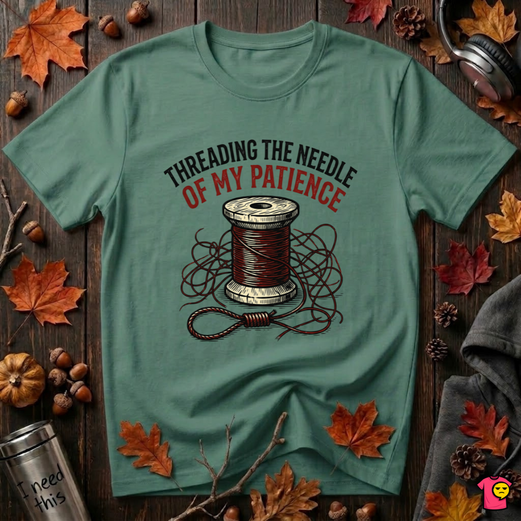 Threading the Needle of my Patience sewing t-shirt in Grass Green by Snarky Sarks
