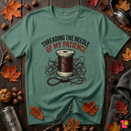 Threading the Needle of my Patience sewing t-shirt in Grass Green by Snarky Sarks