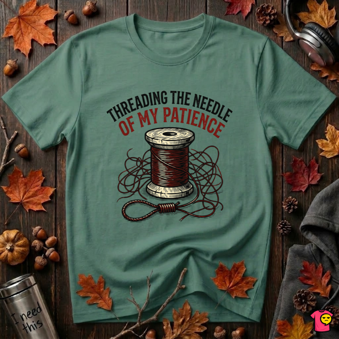 Threading the Needle of my Patience sewing t-shirt in Grass Green by Snarky Sarks