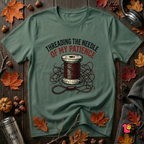 Threading the Needle of my Patience sewing t-shirt in Heather Forest by Snarky Sarks