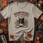 Threading the Needle of my Patience sewing t-shirt in Heather Stone by Snarky Sarks