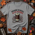 Threading the Needle of my Patience sewing t-shirt in Heather Storm by Snarky Sarks