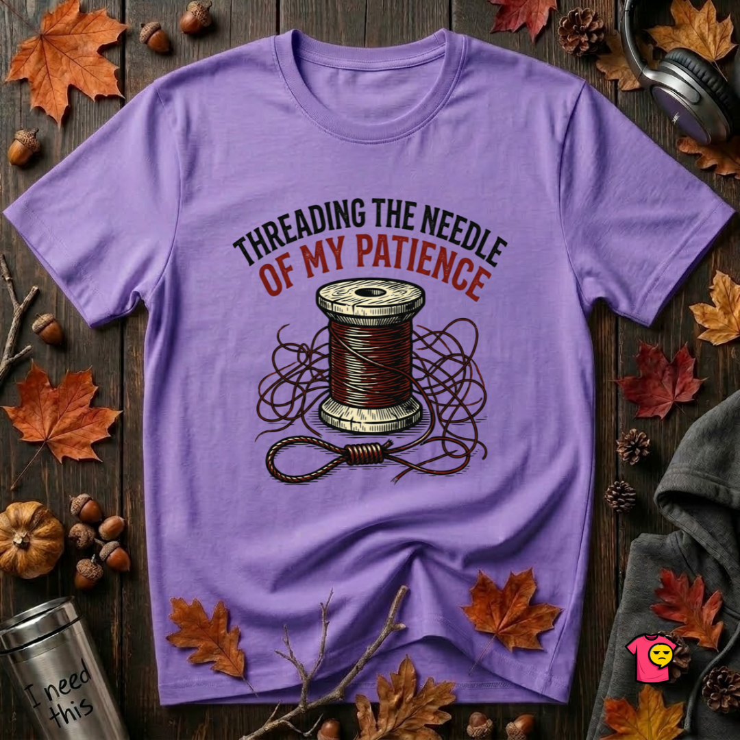 Threading the Needle of my Patience sewing t-shirt in Heather Team Purple by Snarky Sarks