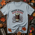 Threading the Needle of my Patience sarcastic sewing graphic t-shirt in Light Blue by Snarky Sarks