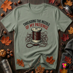 Threading the Needle of my Patience sewing t-shirt in Military Green by Snarky Sarks