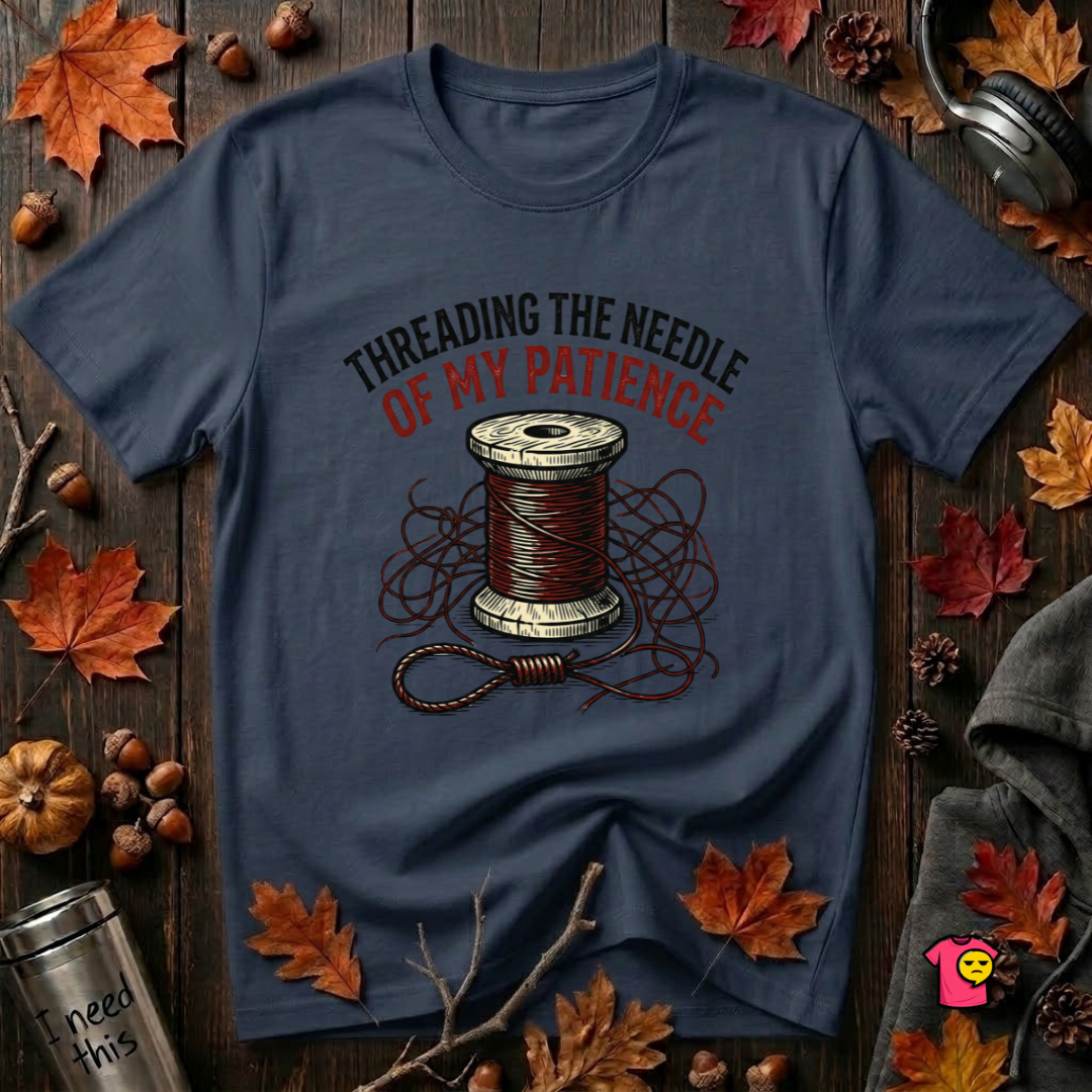 Threading the Needle of my Patience sewing t-shirt in Navy by Snarky Sarks